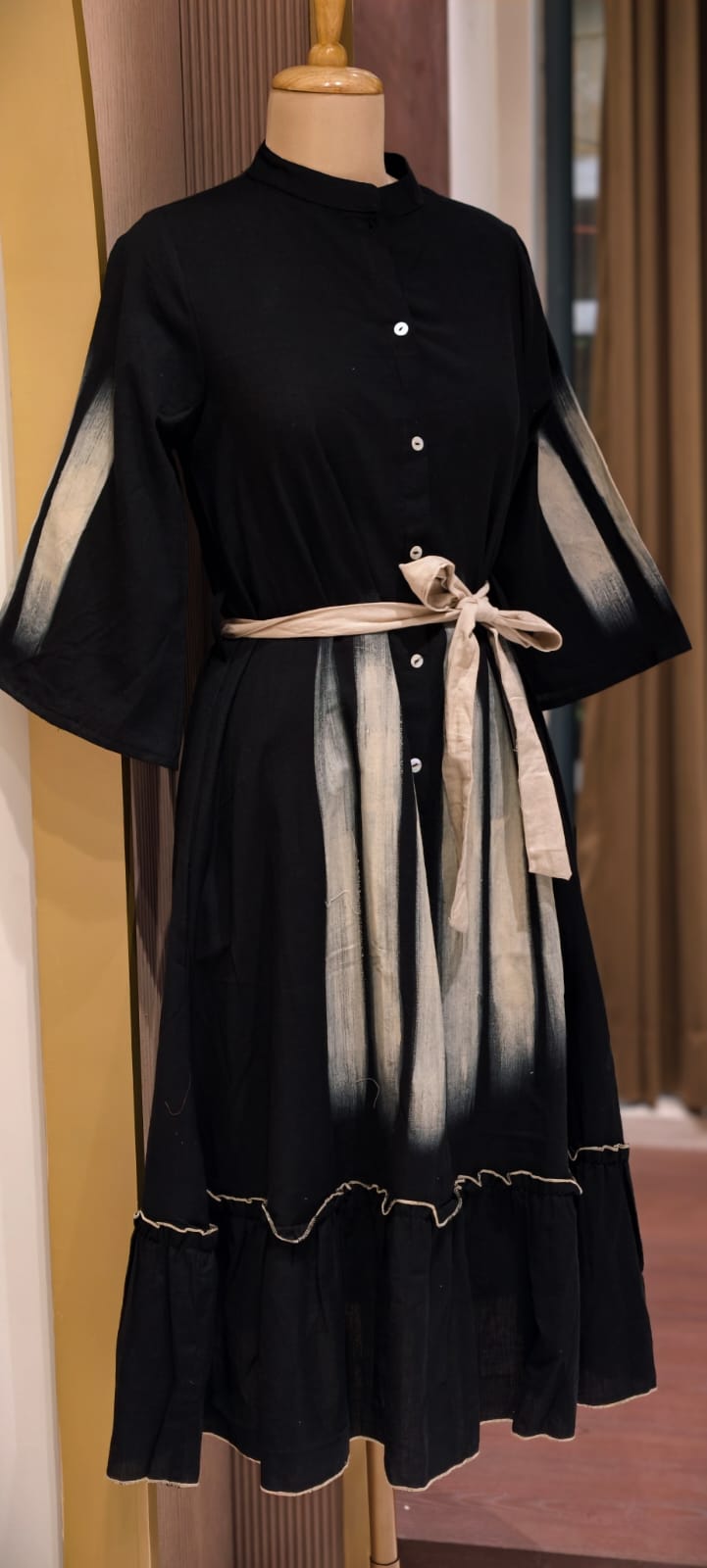 Glamnight Abstract Brushstroke A-Line Frock with Contrast Waist Tie and Ruffled Hemline- 14575 RB397