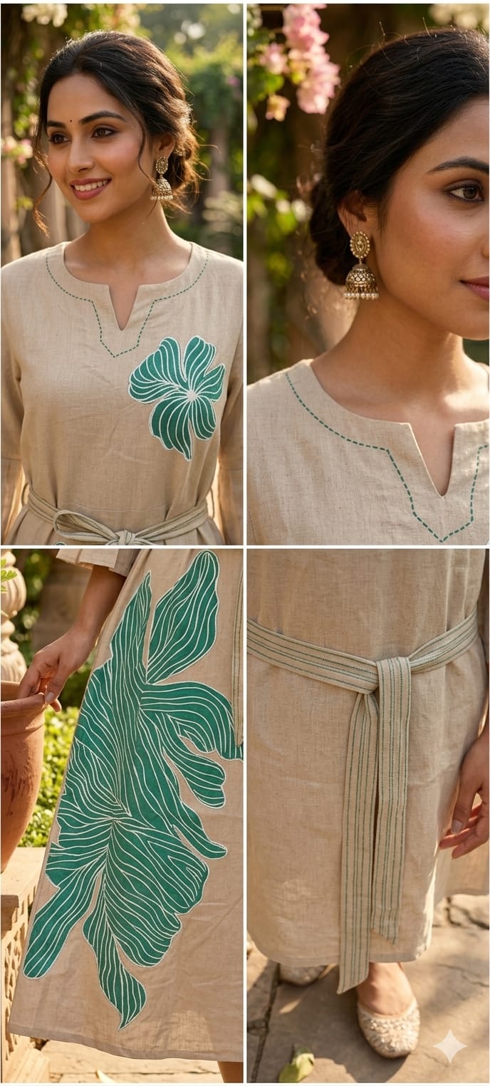 Aqua Bloom Bold Botanical Patchwork A-Line Frock with Flared Sleeves and Waist Tie- 14572 RB398