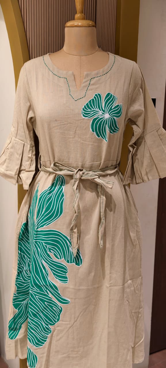 Aqua Bloom Bold Botanical Patchwork A-Line Frock with Flared Sleeves and Waist Tie- 14572 RB398