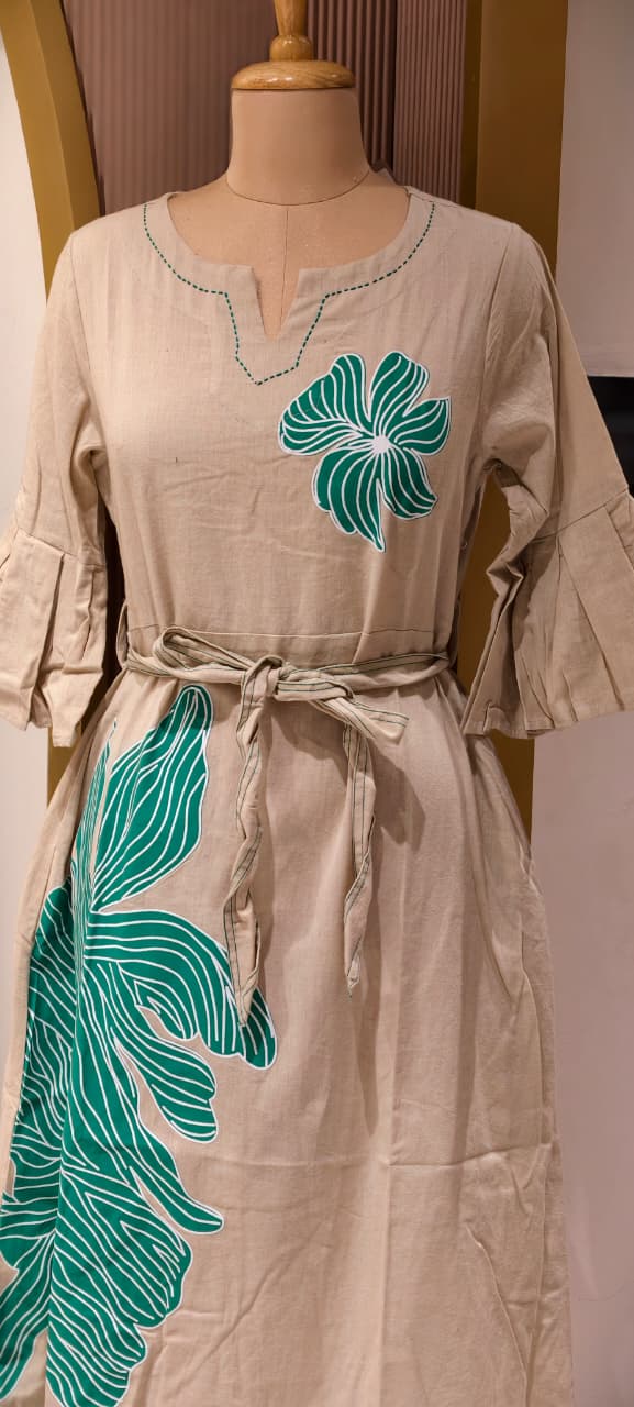 Aqua Bloom Bold Botanical Patchwork A-Line Frock with Flared Sleeves and Waist Tie- 14572 RB398