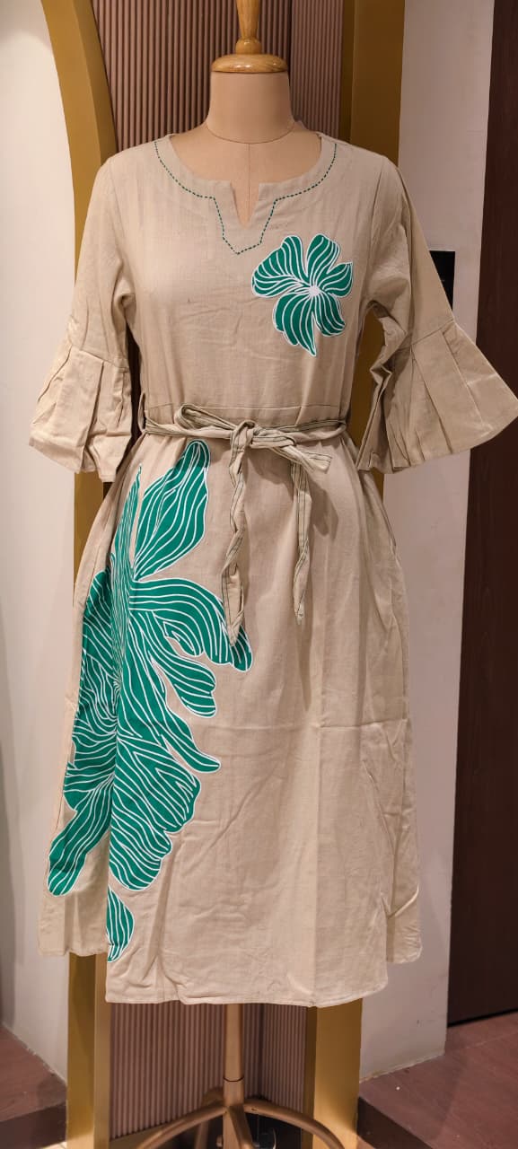 Aqua Bloom Bold Botanical Patchwork A-Line Frock with Flared Sleeves and Waist Tie- 14572 RB398