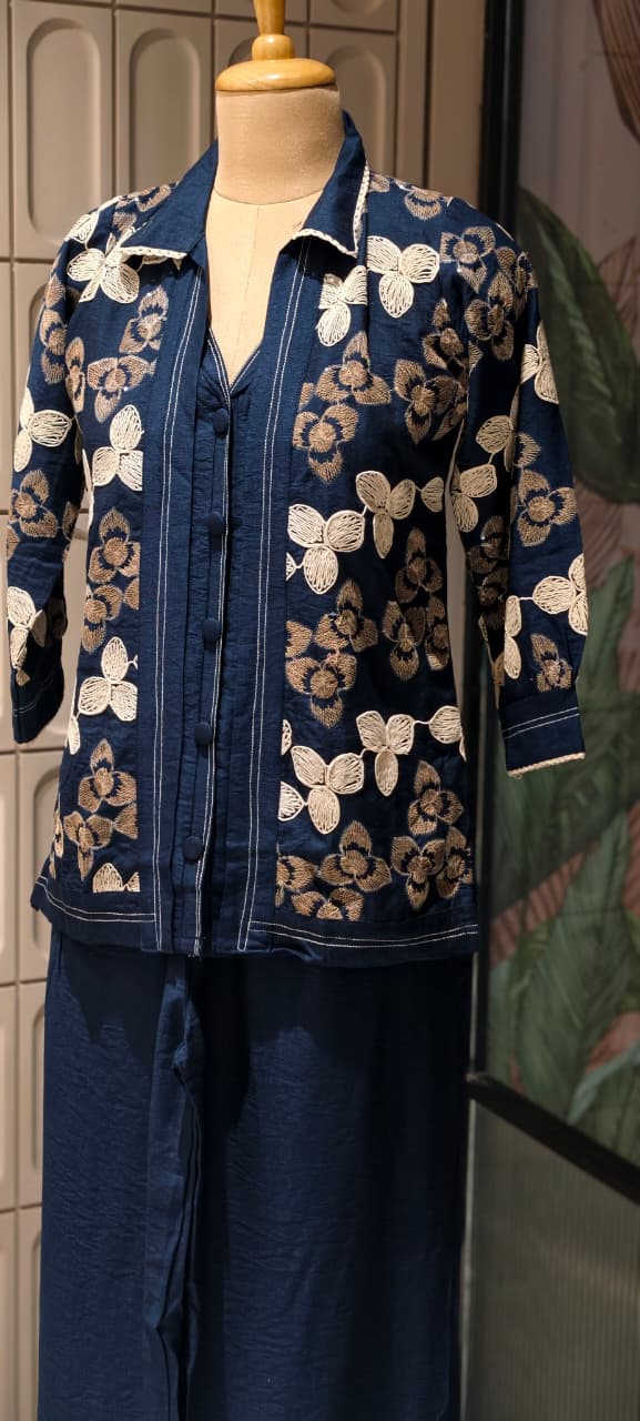 Fine Floral Thread Embroidery Attached Jacket Look Cotton Co-Ord Sets- 14601 RB361
