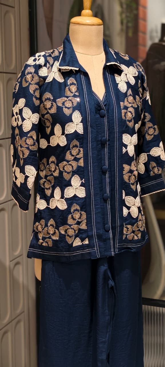 Fine Floral Thread Embroidery Attached Jacket Look Cotton Co-Ord Sets- 14601 RB361