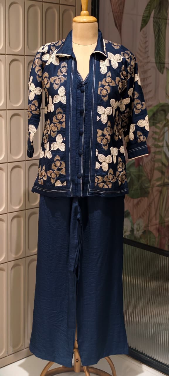 Fine Floral Thread Embroidery Attached Jacket Look Cotton Co-Ord Sets- 14601 RB361