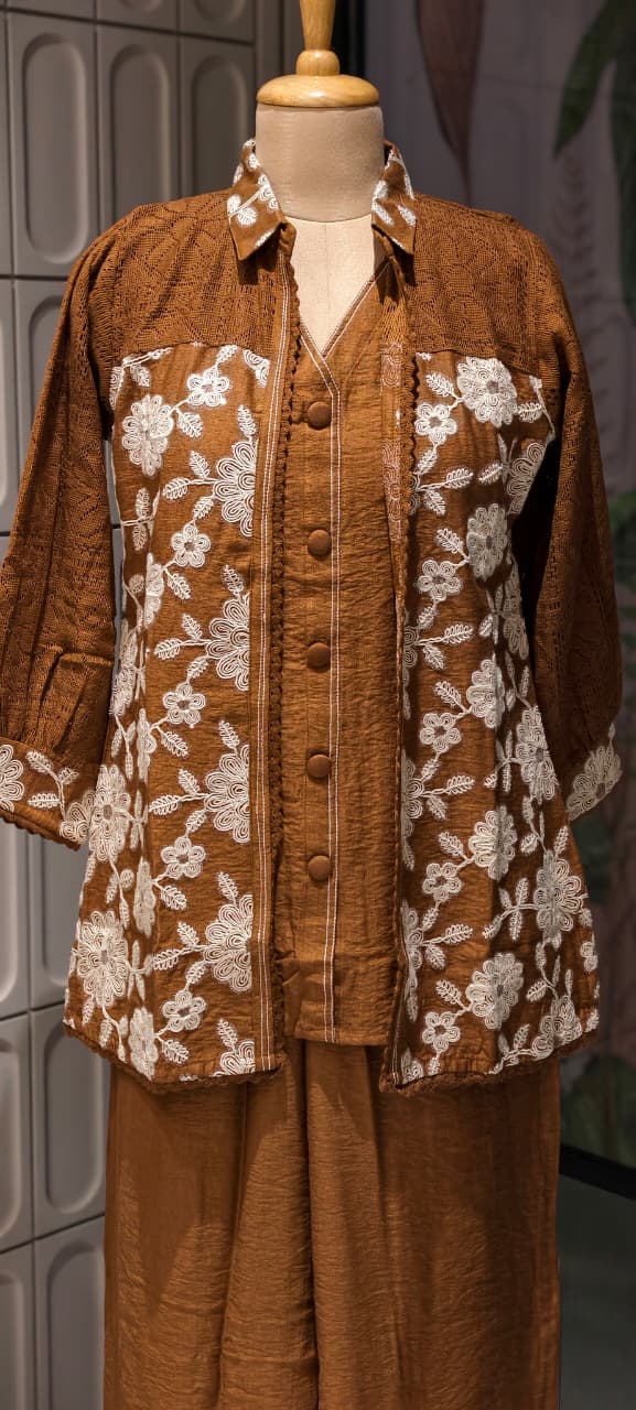 Fine Floral Thread Embroidery Attached Jacket Look Cotton Co-Ord Sets- 14601 RB361