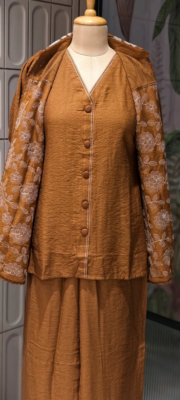 Fine Floral Thread Embroidery Attached Jacket Look Cotton Co-Ord Sets- 14601 RB361