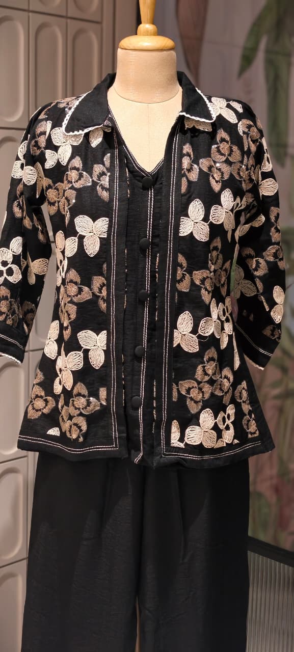 Fine Floral Thread Embroidery Attached Jacket Look Cotton Co-Ord Sets- 14601 RB361