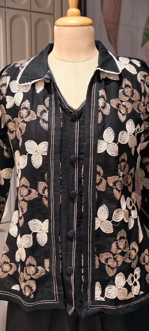 Fine Floral Thread Embroidery Attached Jacket Look Cotton Co-Ord Sets- 14601 RB361