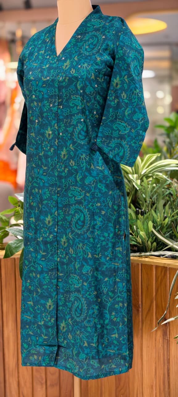 Solid Shade Light Print Golden Reinstone Highlight A-Line Russian Silk Long Kurti Only- 14618,19 RB358 LEAN FIT