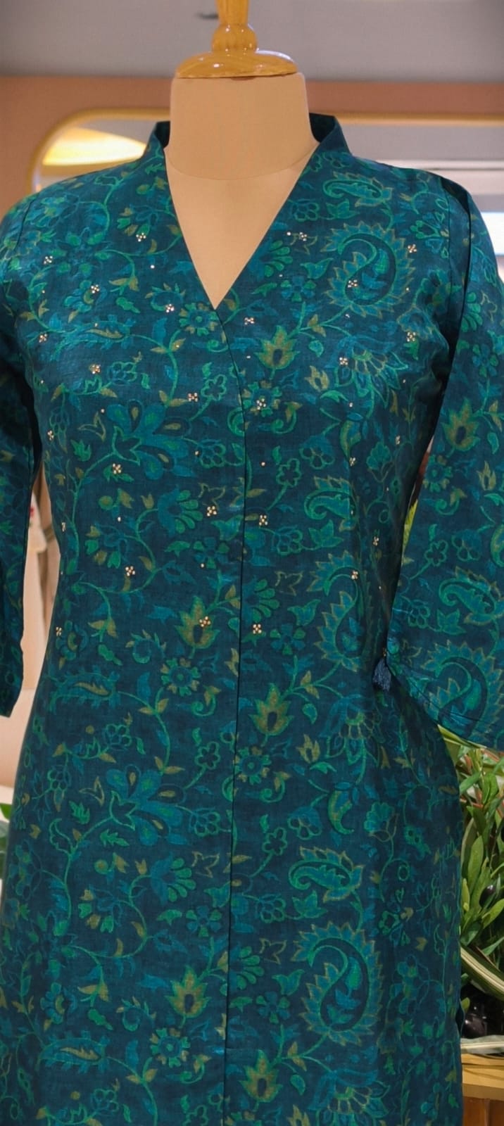 Solid Shade Light Print Golden Reinstone Highlight A-Line Russian Silk Long Kurti Only- 14618,19 RB358 LEAN FIT