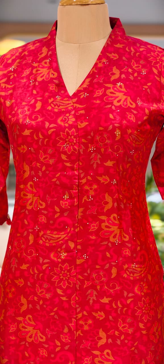 Solid Shade Light Print Golden Reinstone Highlight A-Line Russian Silk Long Kurti Only- 14618,19 RB358 LEAN FIT