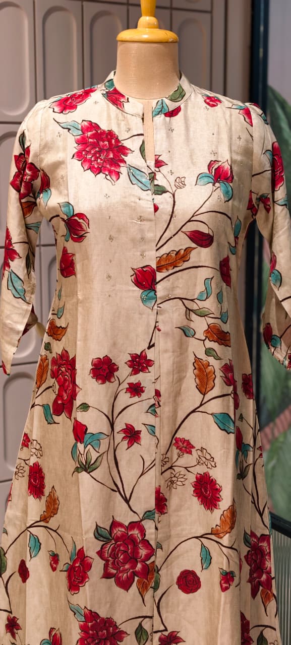 Digital Floral Branch Print Off White Background A-Line Dola Silk Casual Frock- 14627 RB448