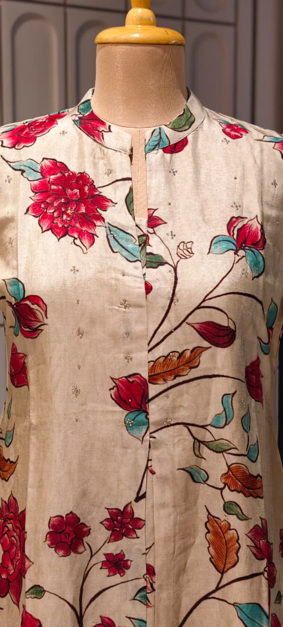 Digital Floral Branch Print Off White Background A-Line Dola Silk Casual Frock- 14627 RB448