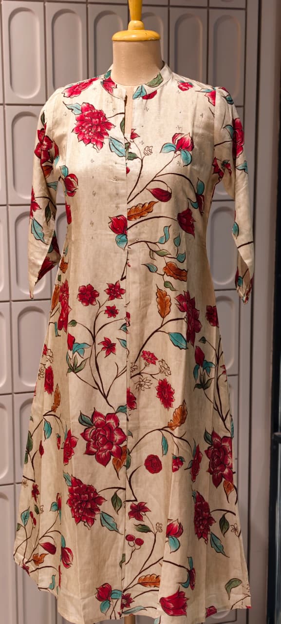 Digital Floral Branch Print Off White Background A-Line Dola Silk Casual Frock- 14627 RB448