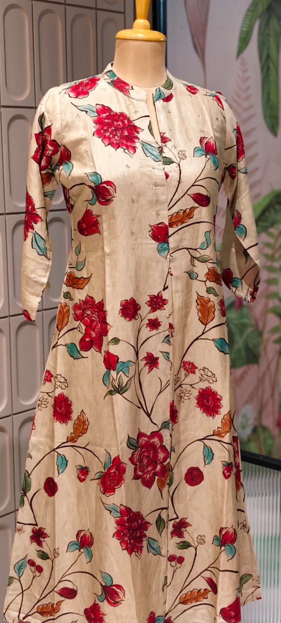 Digital Floral Branch Print Off White Background A-Line Dola Silk Casual Frock- 14627 RB448