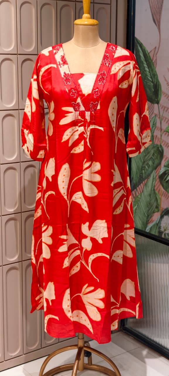 Melodic Printed Cut-Dana Neck Line Tassel Accent Russian Silk Daily Wear Frock- 14715, 14716 RB447