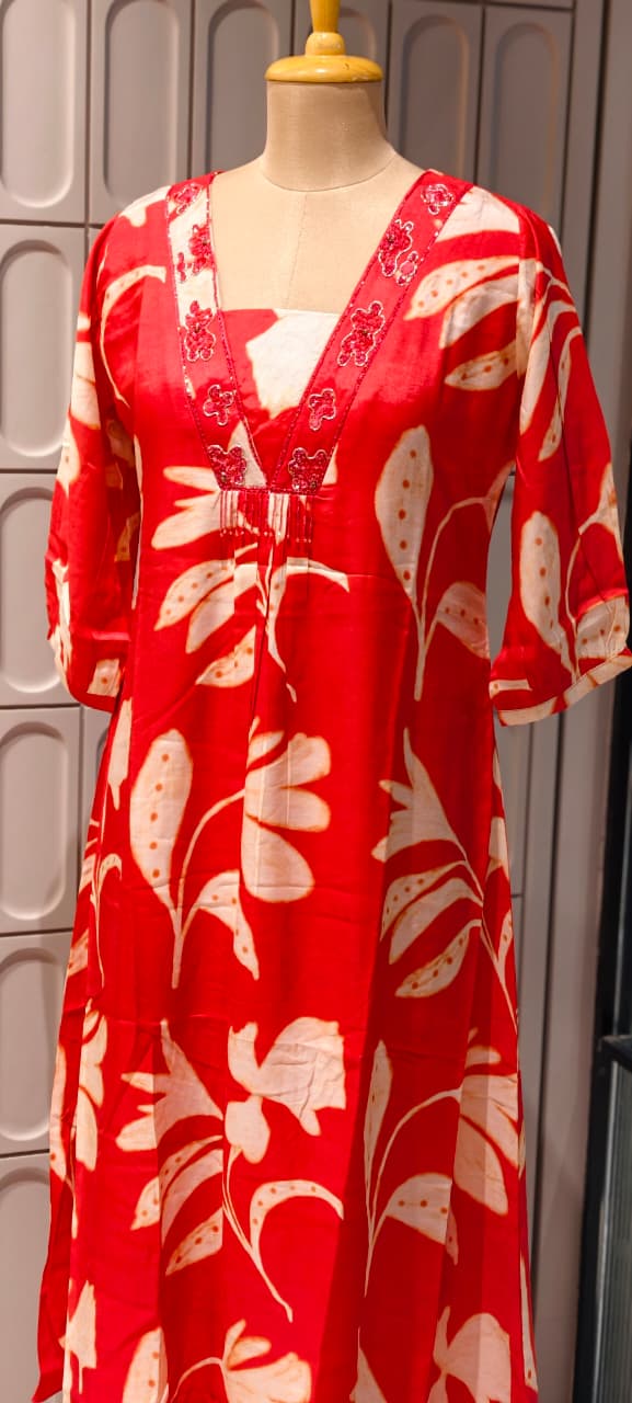 Melodic Printed Cut-Dana Neck Line Tassel Accent Russian Silk Daily Wear Frock- 14715, 14716 RB447