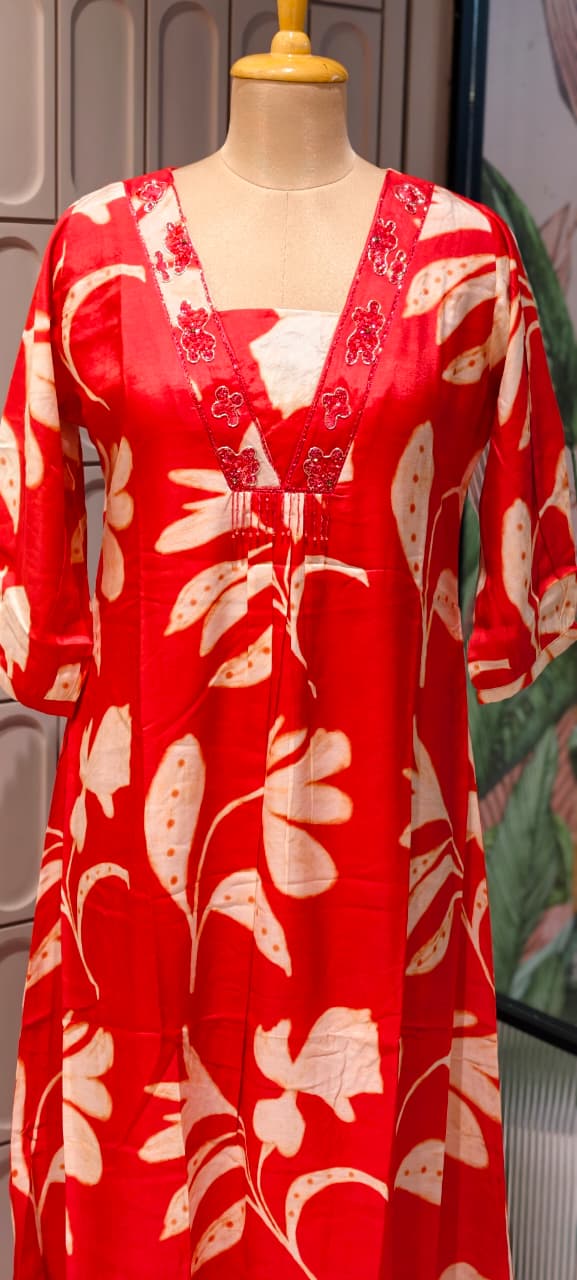 Melodic Printed Cut-Dana Neck Line Tassel Accent Russian Silk Daily Wear Frock- 14715, 14716 RB447