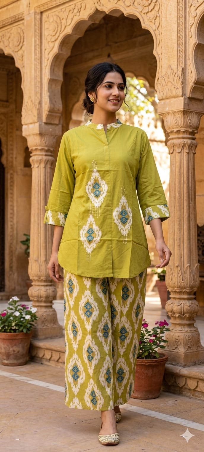 Cotton Ikat Co-Ord Set with V-Notch Kurta and Straight-Fit Pants- 14656 RB482