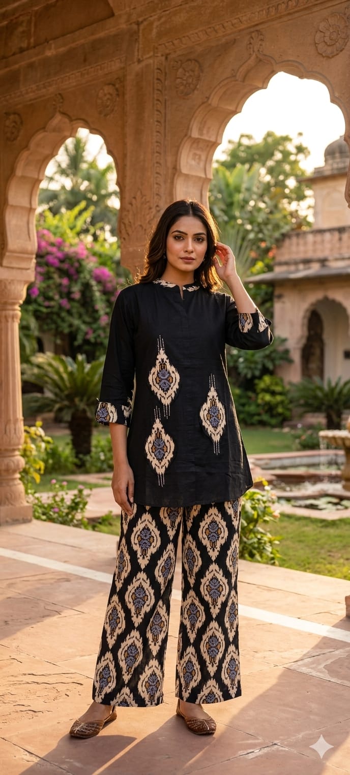 Cotton Ikat Co-Ord Set with V-Notch Kurta and Straight-Fit Pants- 14656 RB482