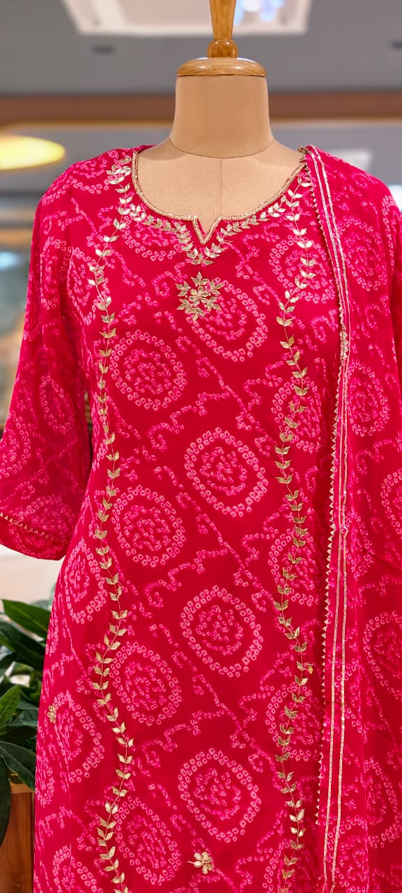 Premium Georgette Pure Gotta Patti Work Vibrant Bandhej Full Suit Set With Dupatta- 14539 RB385