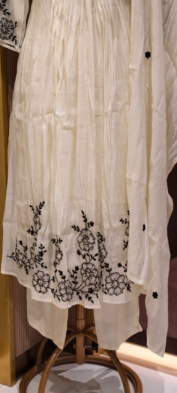 Surat Mul Chanderi Intricate Fine Embroidery Pleated A-Line Solid Full Suit Set With Dupatta- 14677 RB392