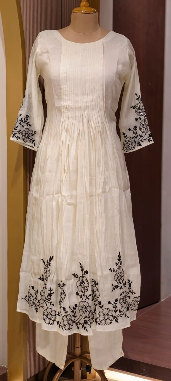 Surat Mul Chanderi Intricate Fine Embroidery Pleated A-Line Solid Full Suit Set With Dupatta- 14677 RB392