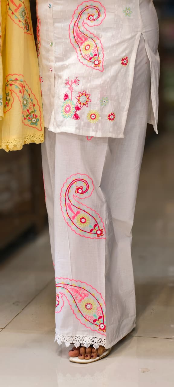 Mango Buti Multicolor Embroidery Matching Mul Cotton Co-Ord Set With Minimal Lace Touch- 14727 RB376