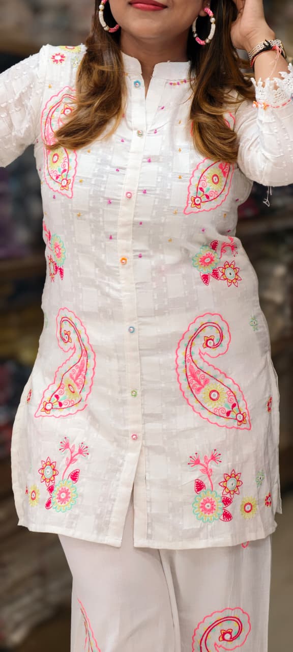 Mango Buti Multicolor Embroidery Matching Mul Cotton Co-Ord Set With Minimal Lace Touch- 14727 RB376
