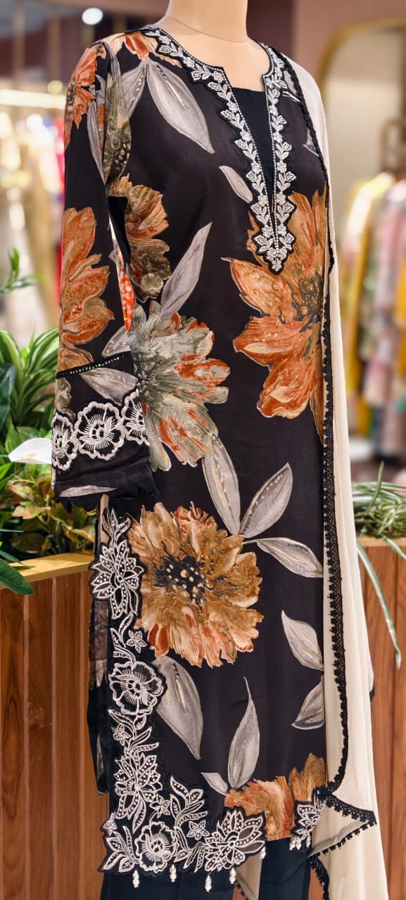 Pure Pakistani Look Floral Embroidery With Cut-Work Tassel Bold German Rayon Full Suit Set With Dupatta- 14674 RB386