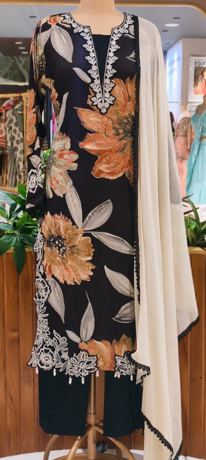 Pure Pakistani Look Floral Embroidery With Cut-Work Tassel Bold German Rayon Full Suit Set With Dupatta- 14674 RB386