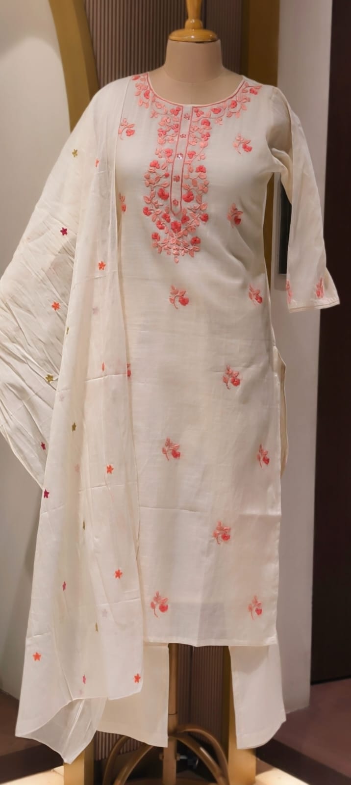Ethereal Off-White Kora Cotton Full Suit Set with Fine Floral Subtle Embroidery- 14690 (Lean Fit)RB387