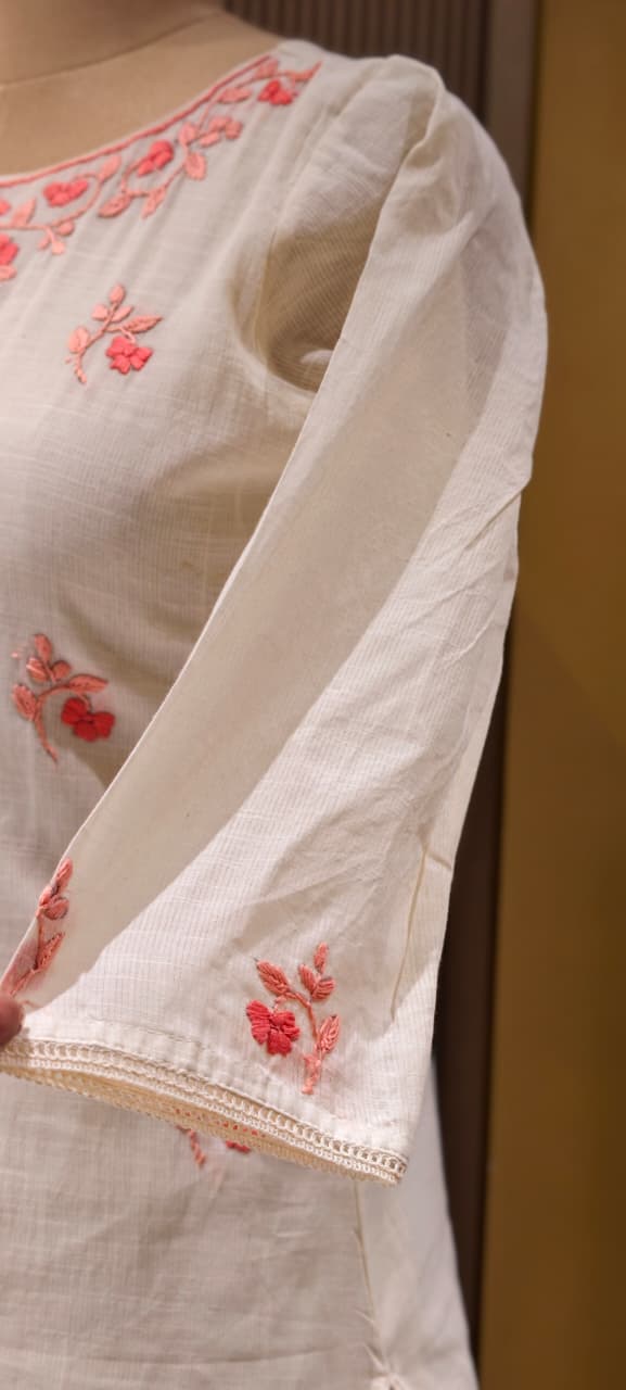 Ethereal Off-White Kora Cotton Full Suit Set with Fine Floral Subtle Embroidery- 14690 (Lean Fit)RB387