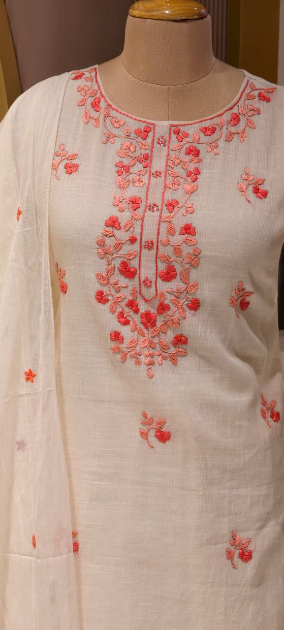 Ethereal Off-White Kora Cotton Full Suit Set with Fine Floral Subtle Embroidery- 14690 (Lean Fit)RB387