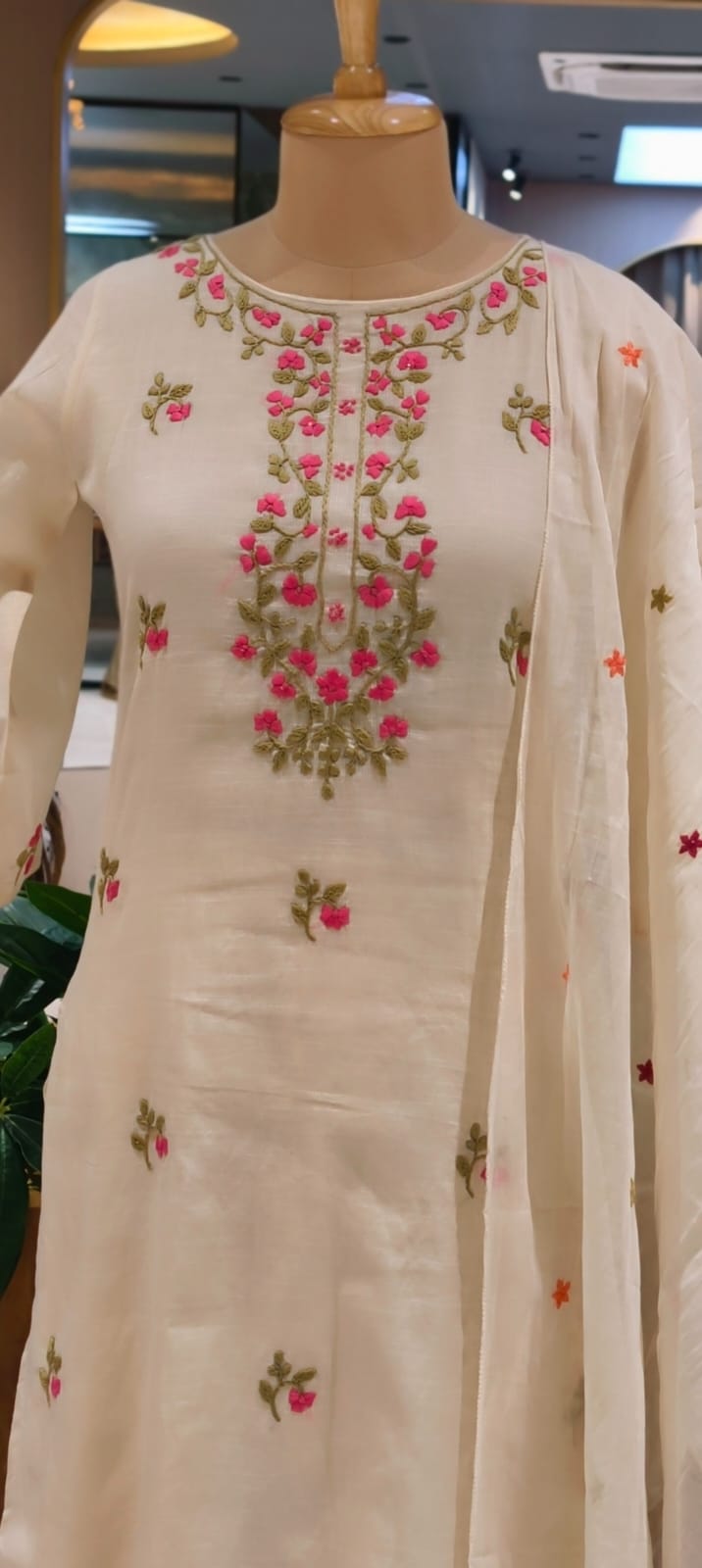 Ethereal Off-White Kora Cotton Full Suit Set with Fine Floral Subtle Embroidery- 14690 (Lean Fit)RB387
