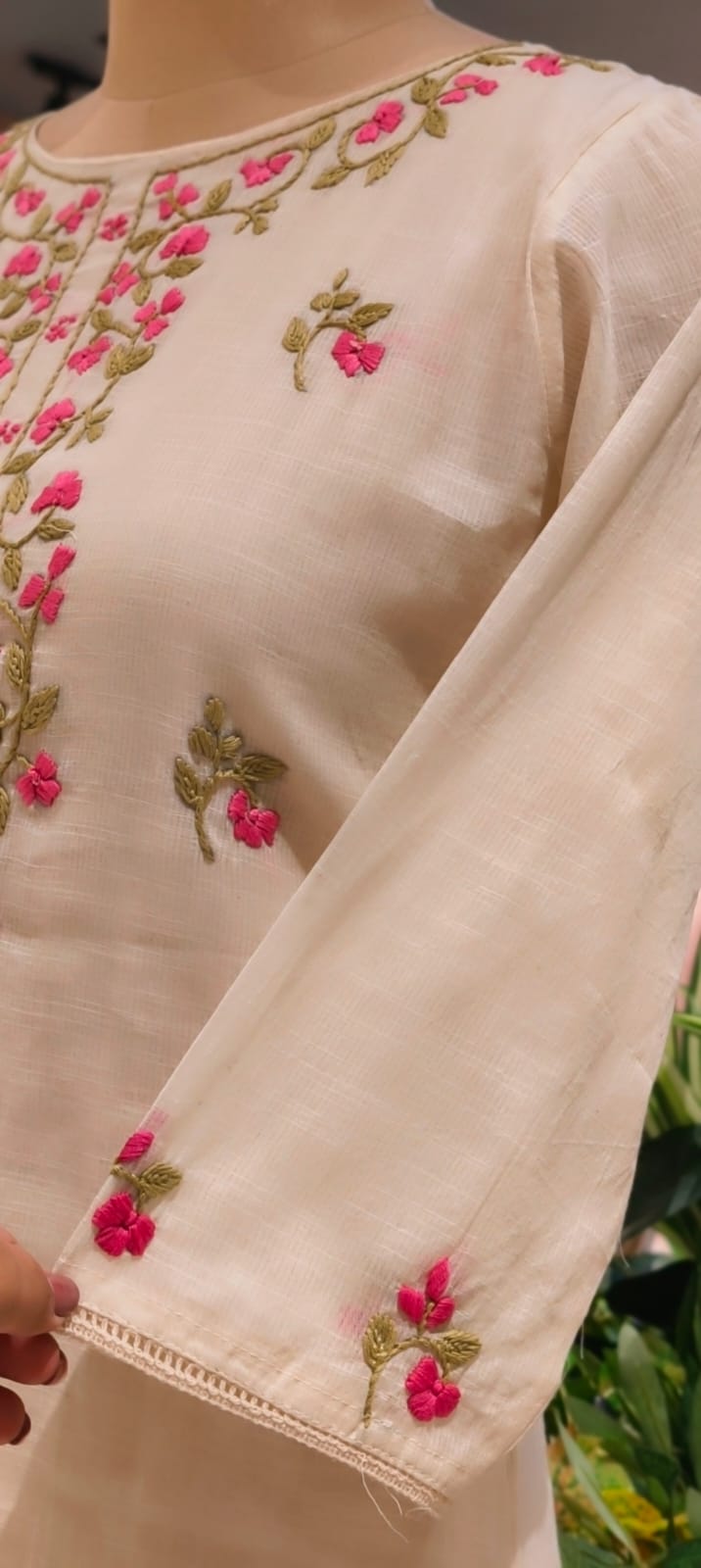 Ethereal Off-White Kora Cotton Full Suit Set with Fine Floral Subtle Embroidery- 14690 (Lean Fit)RB387