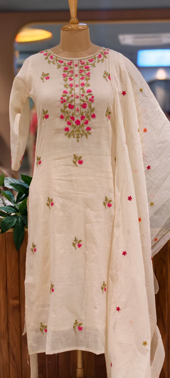 Ethereal Off-White Kora Cotton Full Suit Set with Fine Floral Subtle Embroidery- 14690 (Lean Fit)RB387