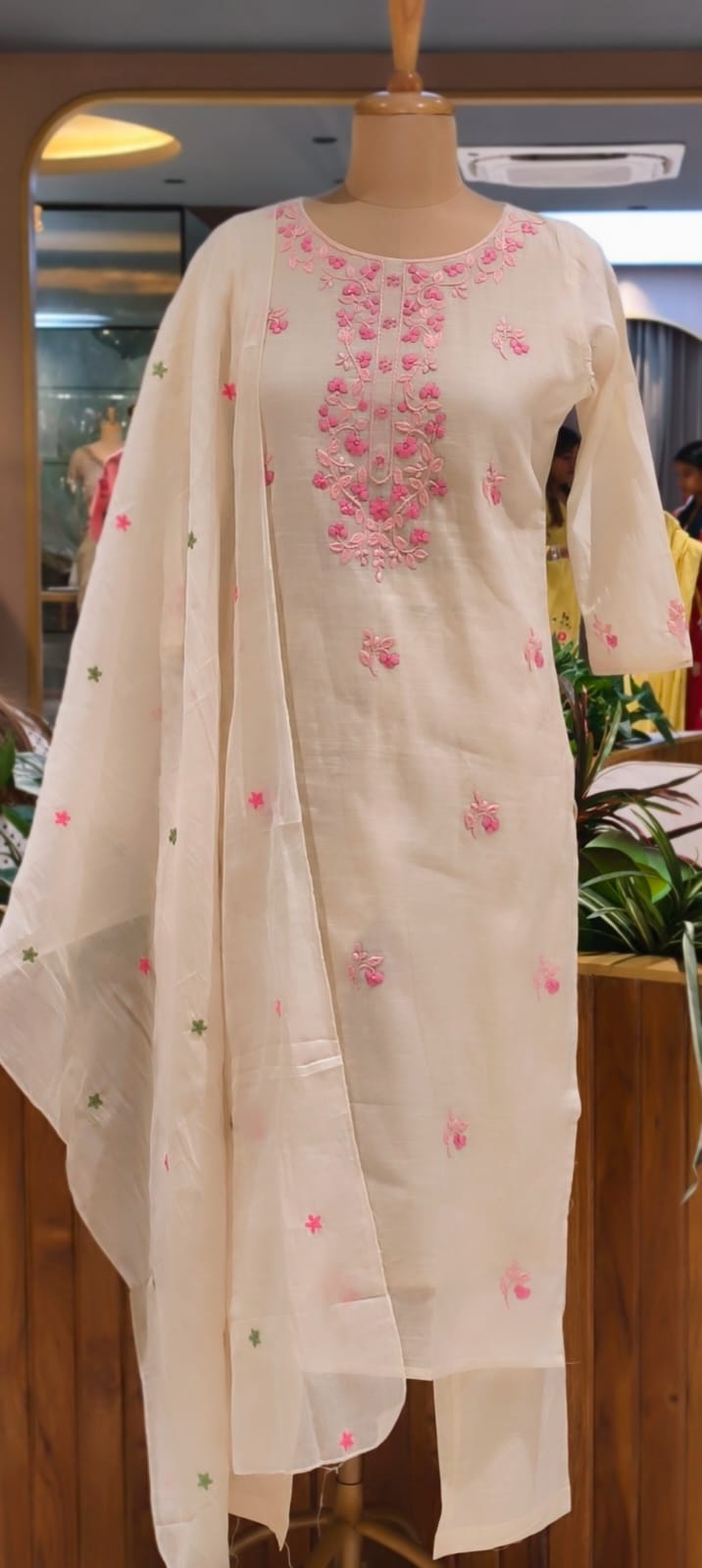 Ethereal Off-White Kora Cotton Full Suit Set with Fine Floral Subtle Embroidery- 14690 (Lean Fit)RB387