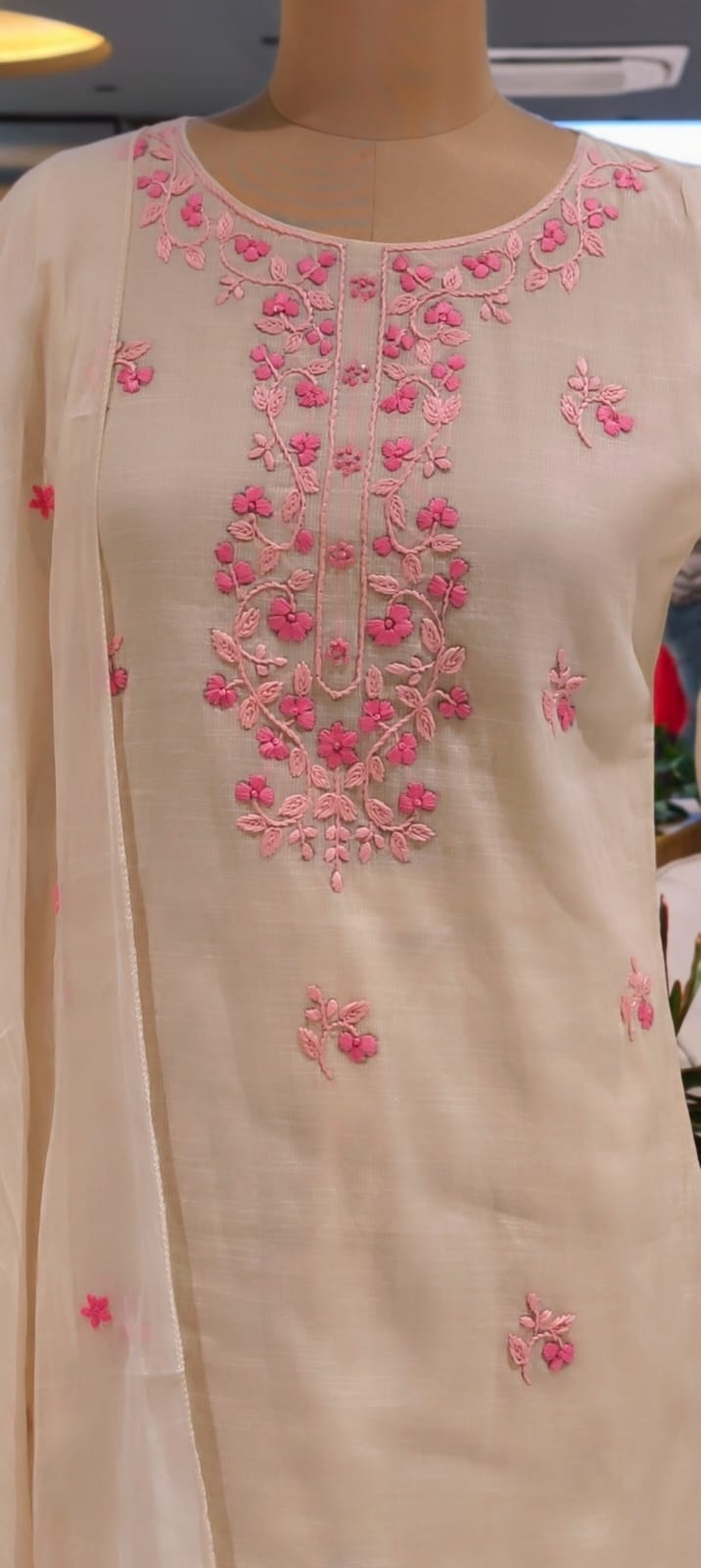 Ethereal Off-White Kora Cotton Full Suit Set with Fine Floral Subtle Embroidery- 14690 (Lean Fit)RB387
