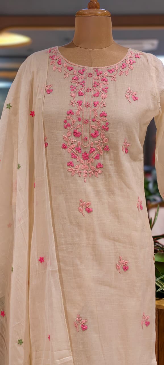Ethereal Off-White Kora Cotton Full Suit Set with Fine Floral Subtle Embroidery- 14690 (Lean Fit)RB387