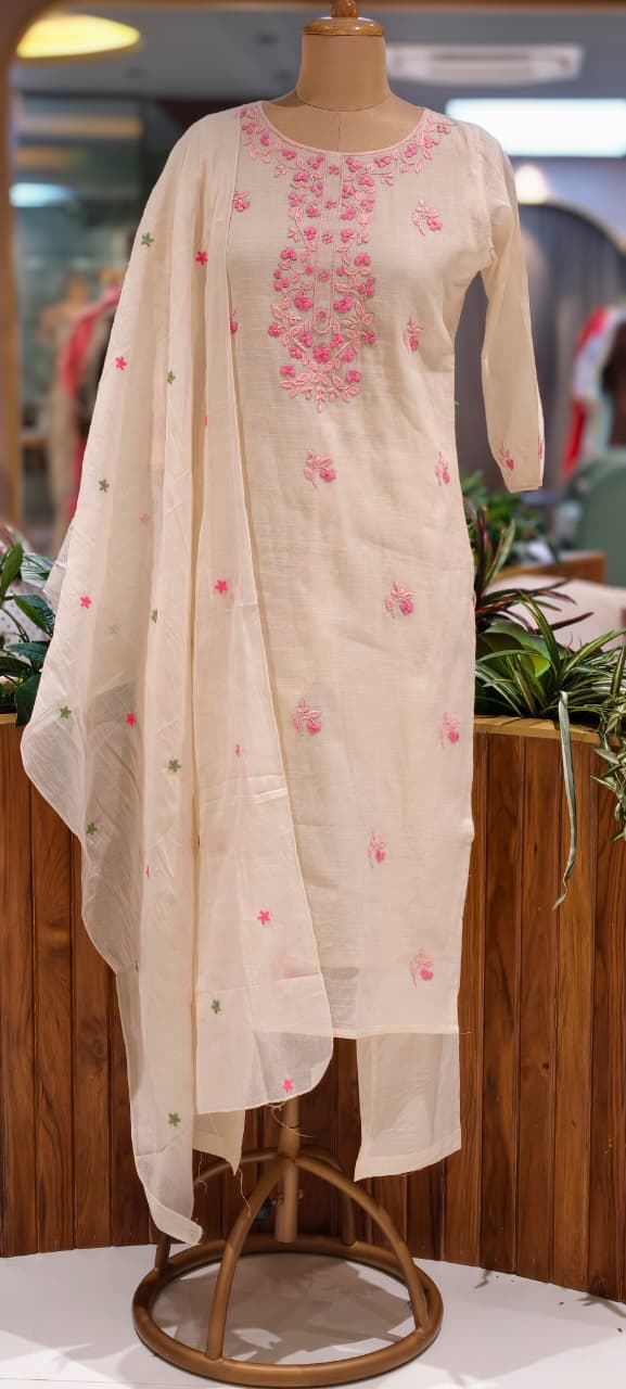 Ethereal Off-White Kora Cotton Full Suit Set with Fine Floral Subtle Embroidery- 14690 (Lean Fit)RB387
