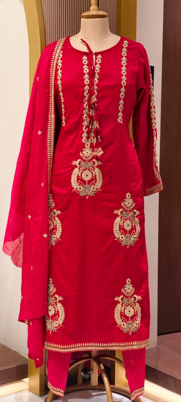 Golden Touch Pure Zardosi Work Embroidery Occasional Wear Mul-Cotton Full Suit Set With Dupatta- 14731 RB389