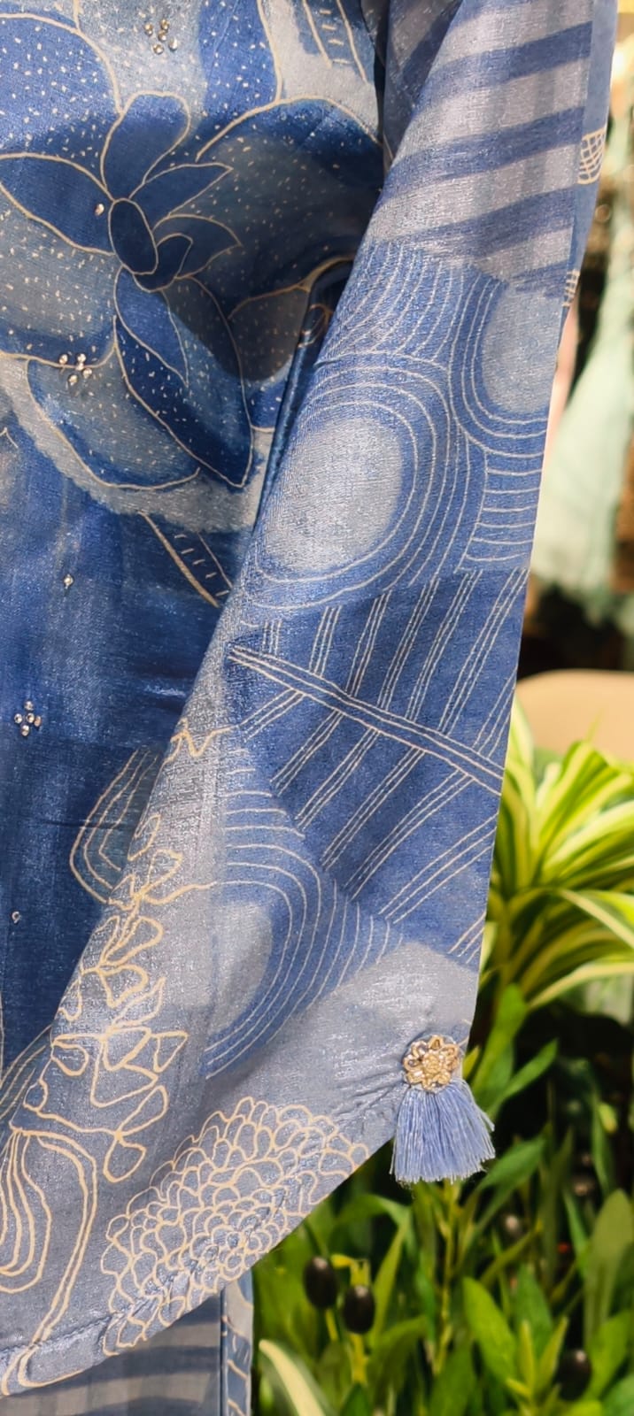 Ice-Blue Mossaic Floral Print Scattered Reinstone Touch Russian Silk Kurti Only- 14711 RB381