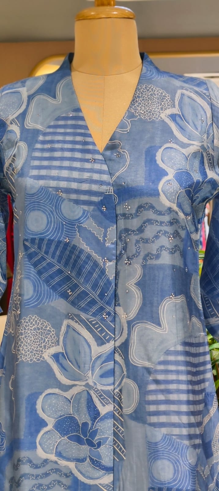 Ice-Blue Mossaic Floral Print Scattered Reinstone Touch Russian Silk Kurti Only- 14711 RB381