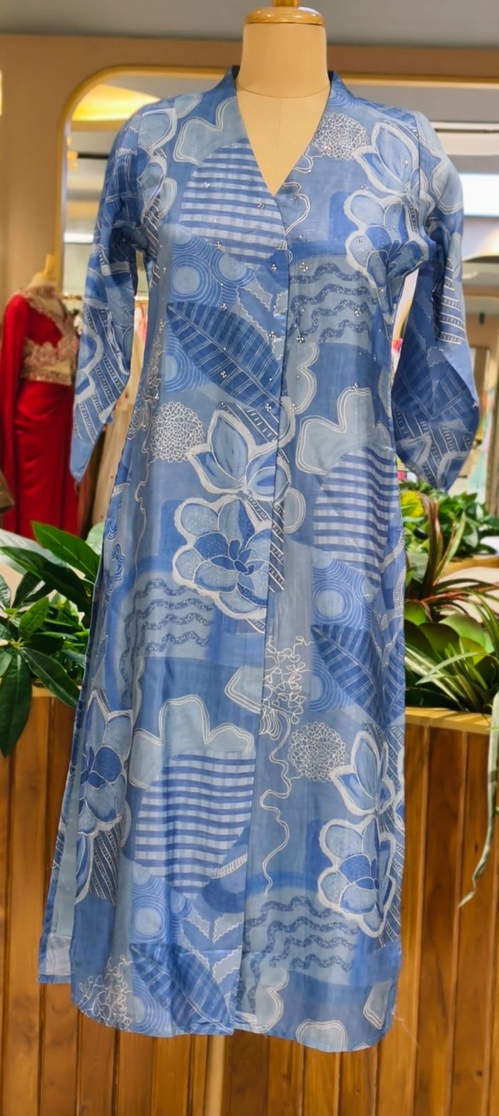 Ice-Blue Mossaic Floral Print Scattered Reinstone Touch Russian Silk Kurti Only- 14711 RB381