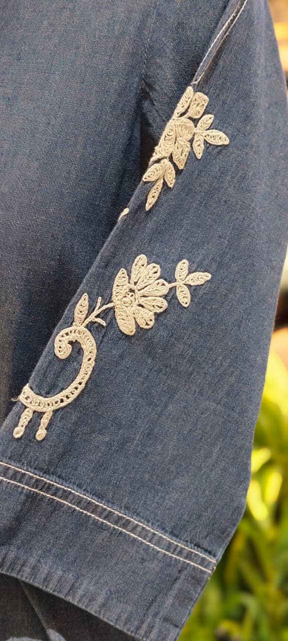 Stylish Embroidered In Sleeve Belt Accent Soft Denim Ankle Length Frock- 14669 RB379