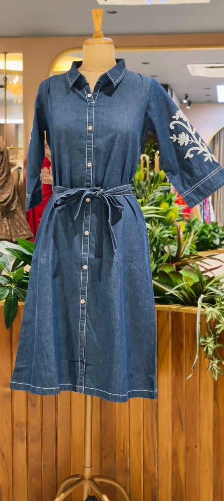 Stylish Embroidered In Sleeve Belt Accent Soft Denim Ankle Length Frock- 14669 RB379