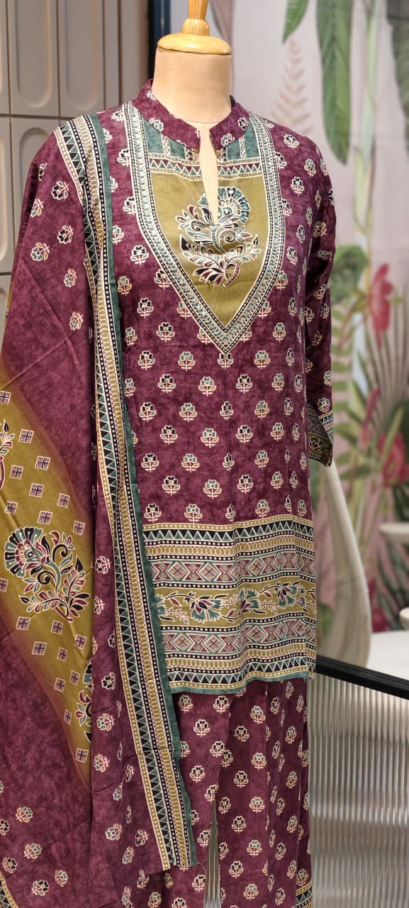 Indian Traditional Print Short Length Ethnic Full Suit Set With Dupatta In Cotton Fabric- 14661