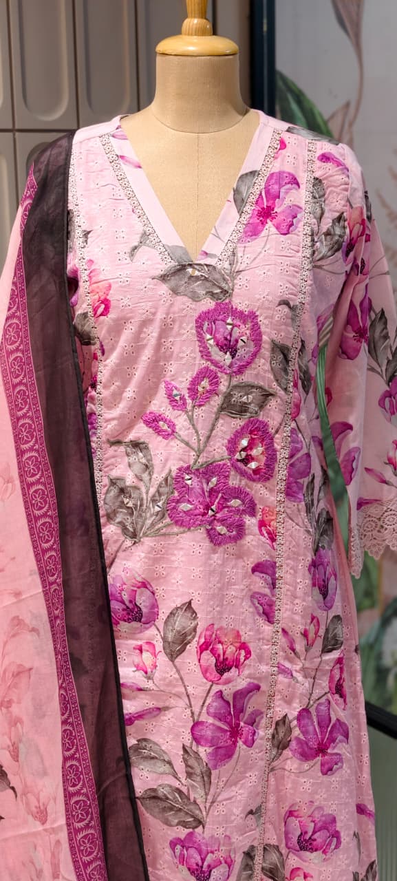 Blush Peony Intricate Embroidered Lace Paneling Cotton Full Suit Set With Dupatta- 14681 RB419