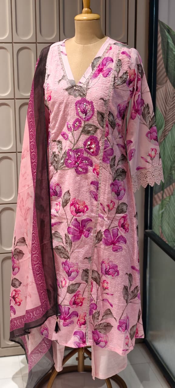 Blush Peony Intricate Embroidered Lace Paneling Cotton Full Suit Set With Dupatta- 14681 RB419